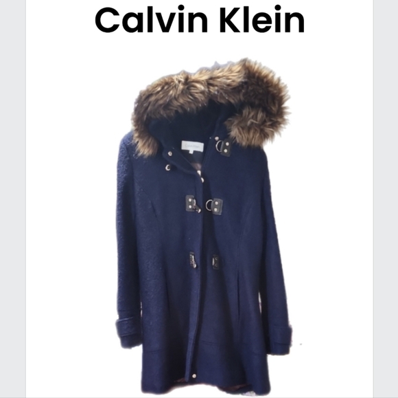 Calvin Klein Jackets & Blazers - Calvin Klein Blue Wool Blend Coat Faux Fur Hood Winter Jacket